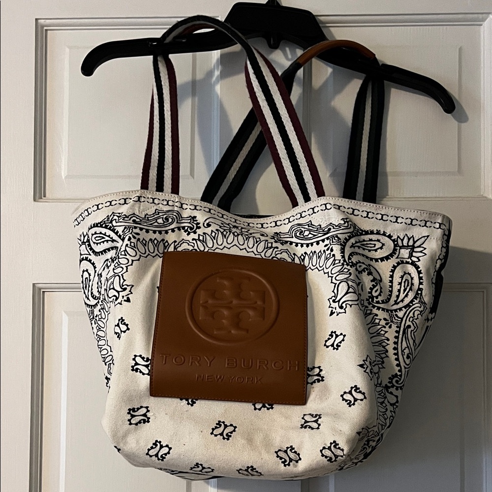 Tory Burch Cream and Brown Paisley Tote